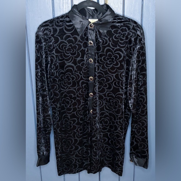 Vintage Floral Velvet Sheer Shirt Blouse Satin Trim XL Whimsigoth Dark Romance - Picture 1 of 6